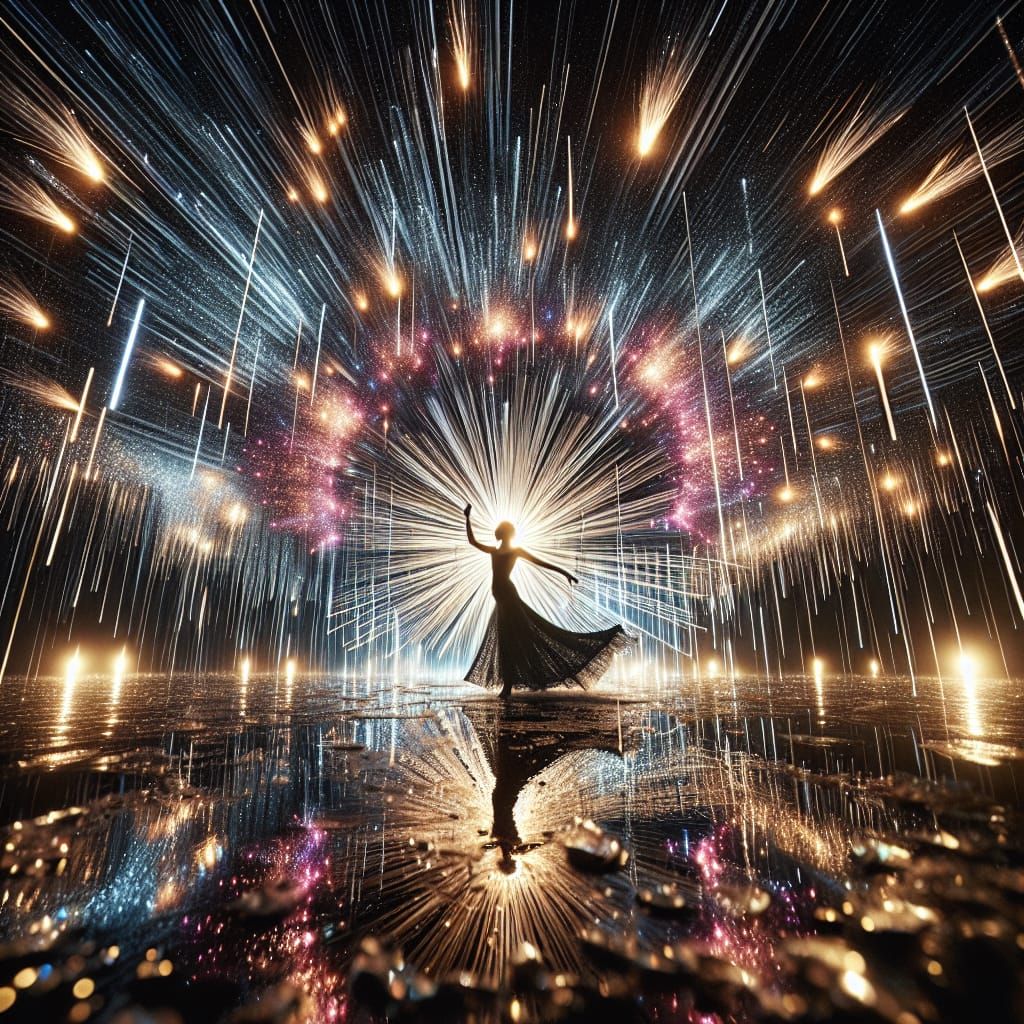 Dancer Silhouetted Under Meteor Shower