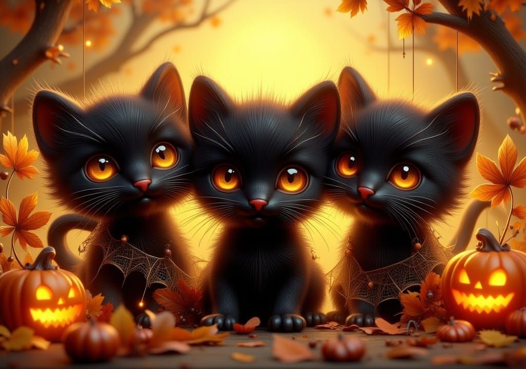 Halloween Black Kittens in Art Nouveau Punk Style