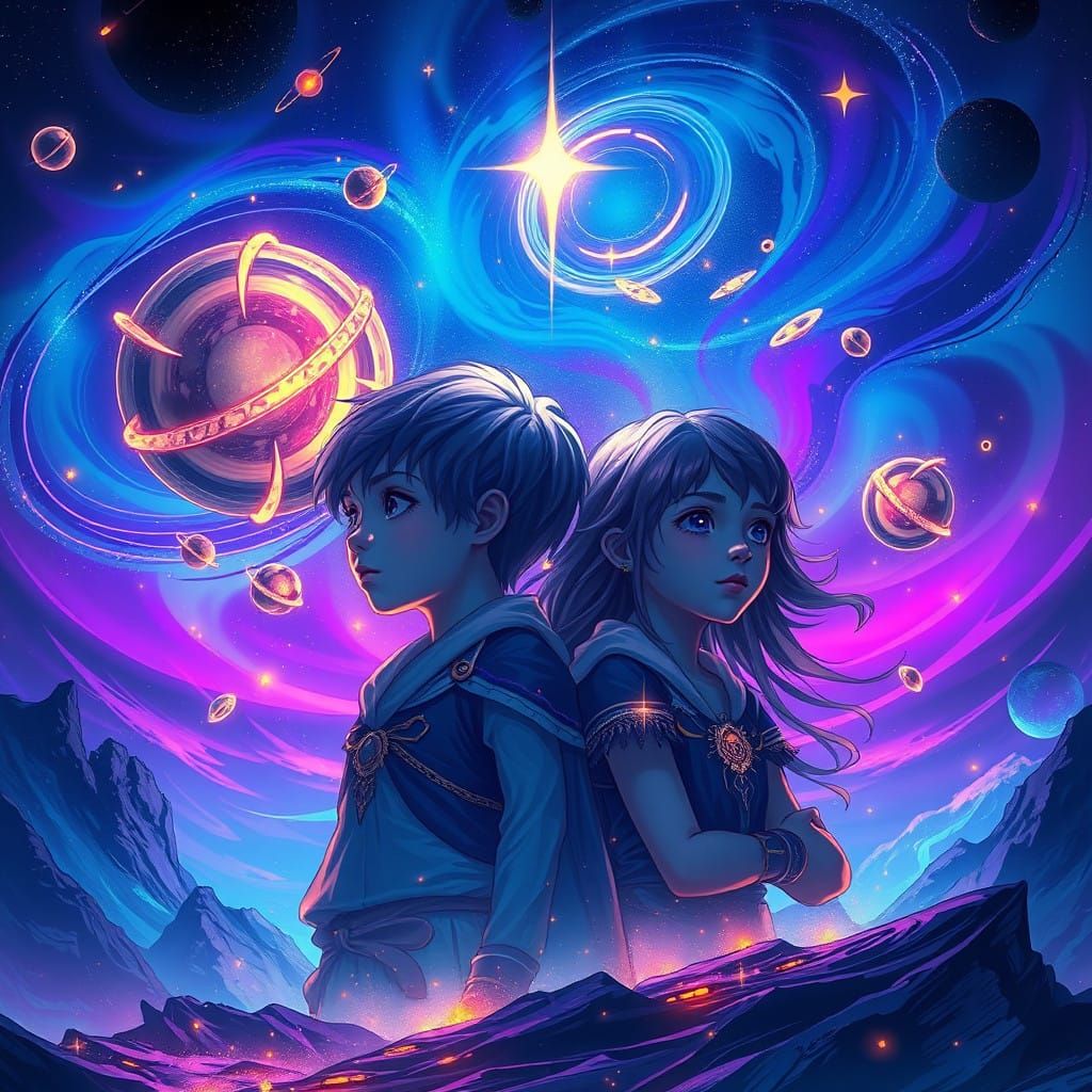 Celestial Twin Siblings in Vibrant Mystic Realm