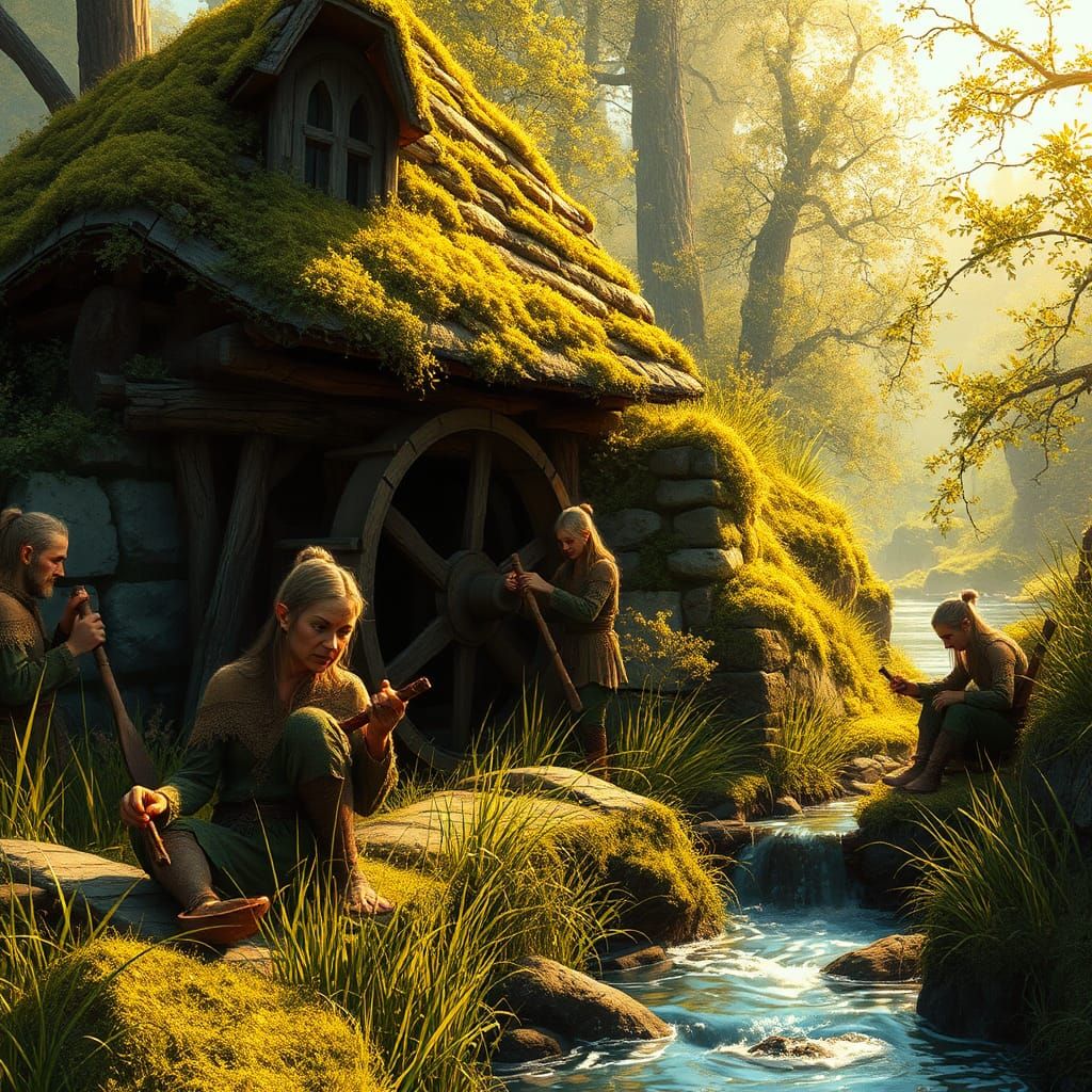 Enchanted Elven Woodworkers in Forest Cottage