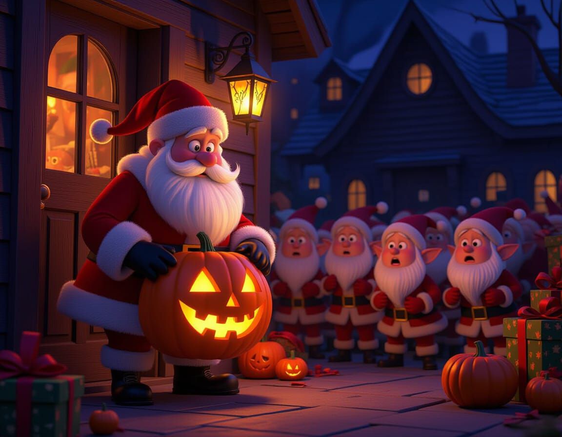 Santa Claus as Jack O' Lantern in Pixar Animation Style