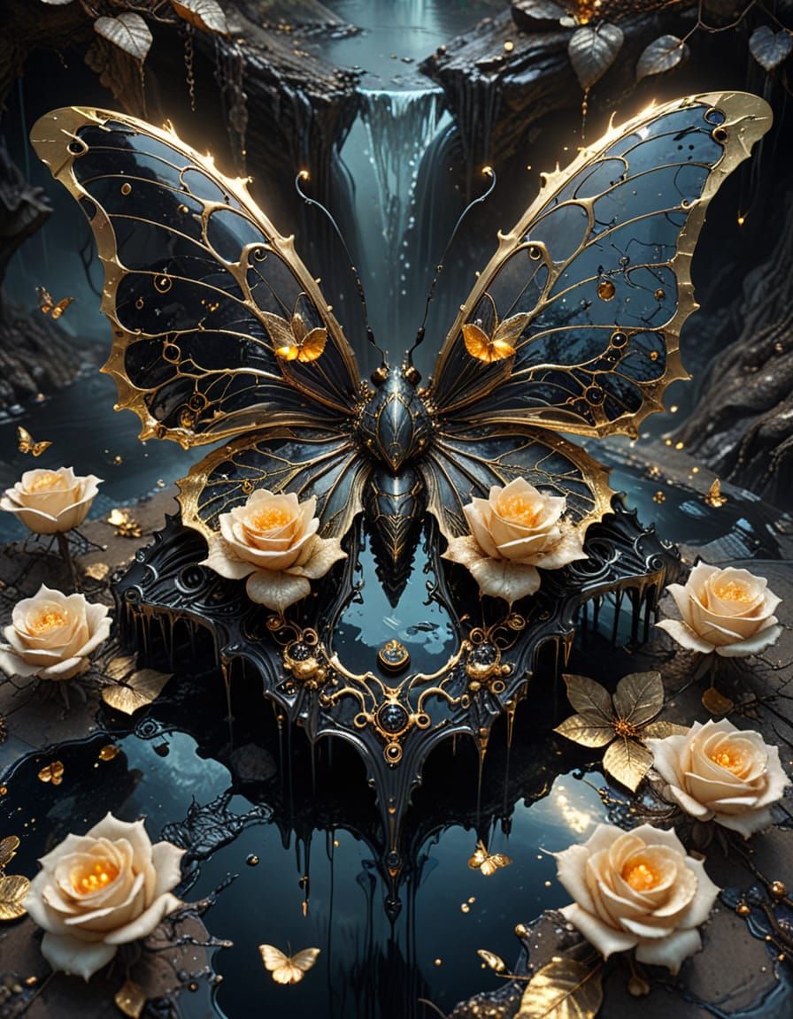 Biomechanical Dreamscape with Translucent Bat Butterfly Moth...