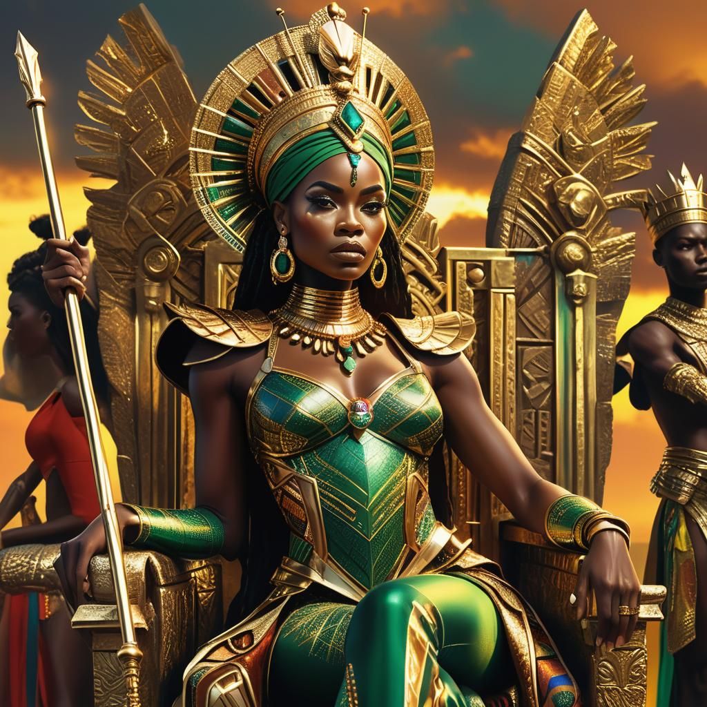 African Queen on Golden Throne: Hyperrealistic Digital Art