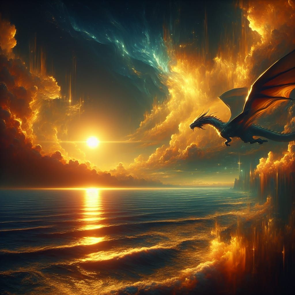 Dragon Soaring Over Sea at Sunrise: Matte Painting