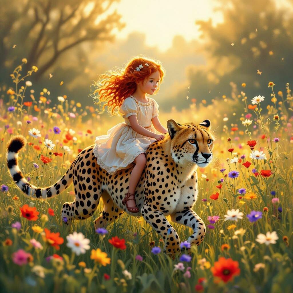Girl Rides Cheetah in Sunlit Meadow, Fantasy Art Style