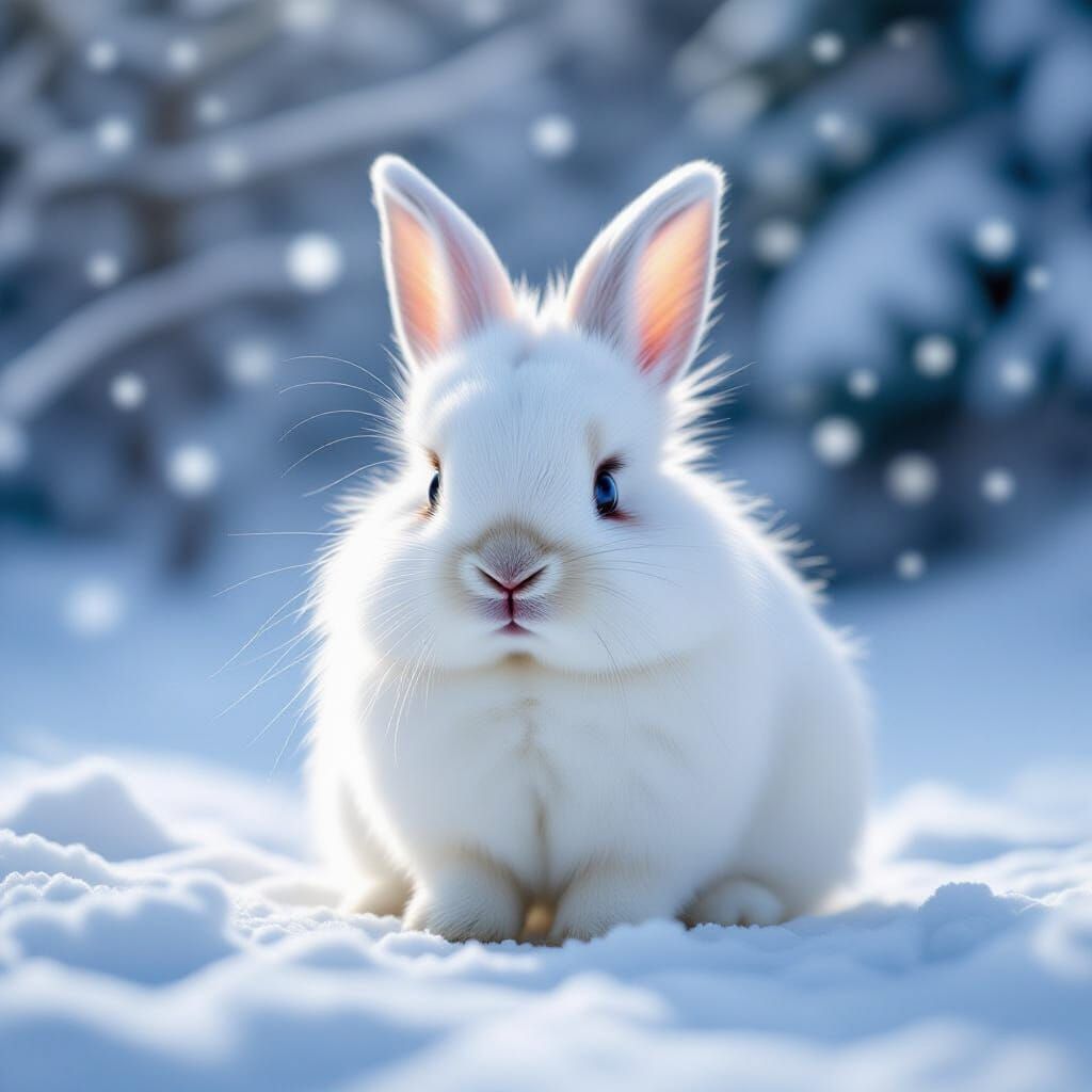 Fluffy White Bunny in Snowy Wonderland