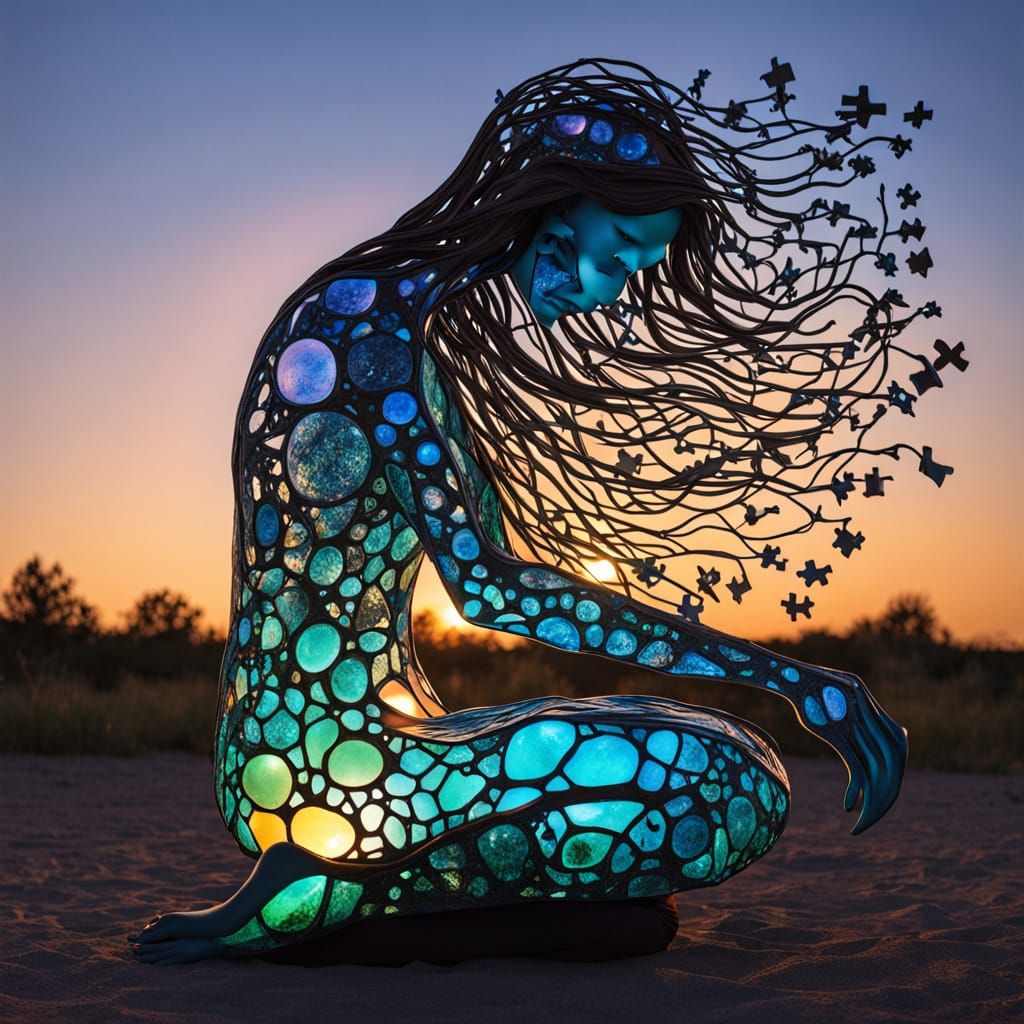 Surreal Woman Sculpture at Sunset: Bio Art Collage