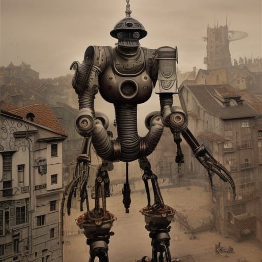 Cyborg Alien Invasion of Medieval Town: Vintage Photograph