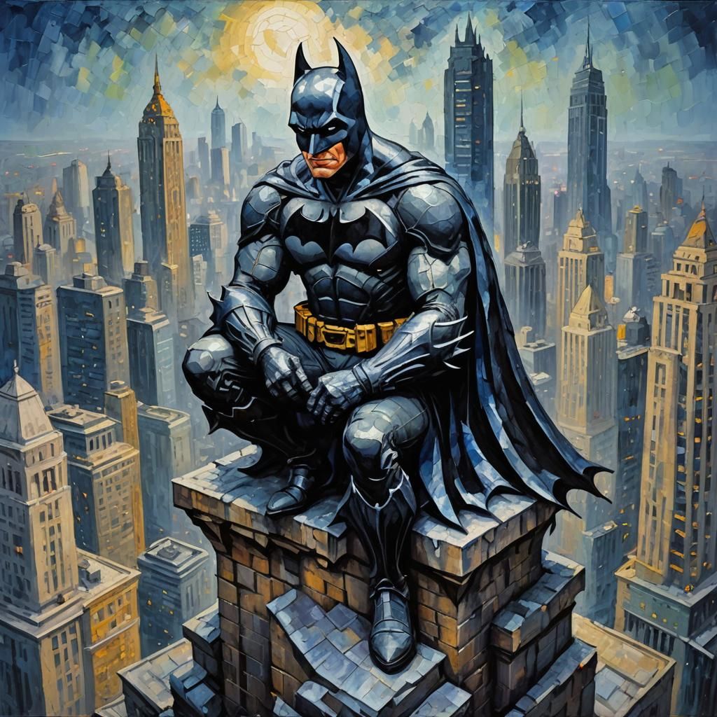 Batman on Gargoyle in Expressionist Oil Painting