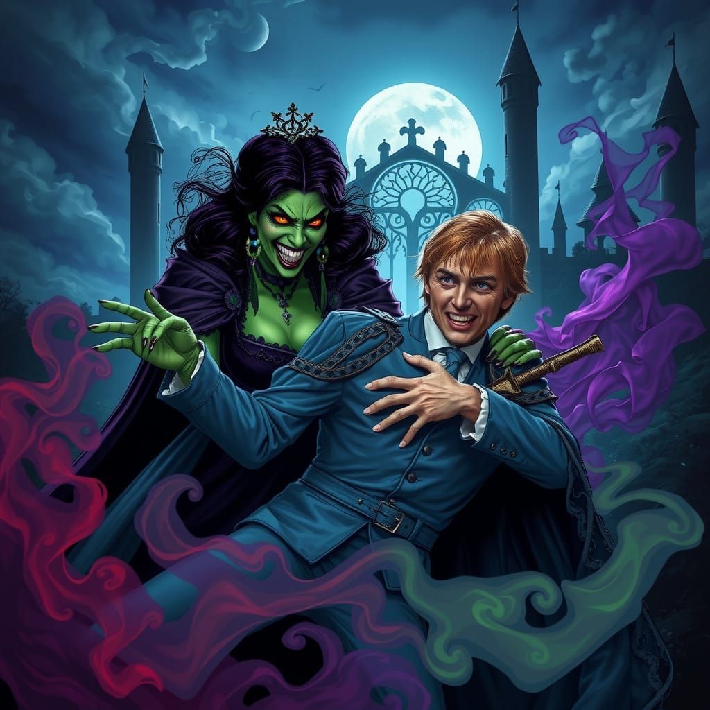 Gothic Horror Scene: A Sinister Villainess Captivates a Terr...