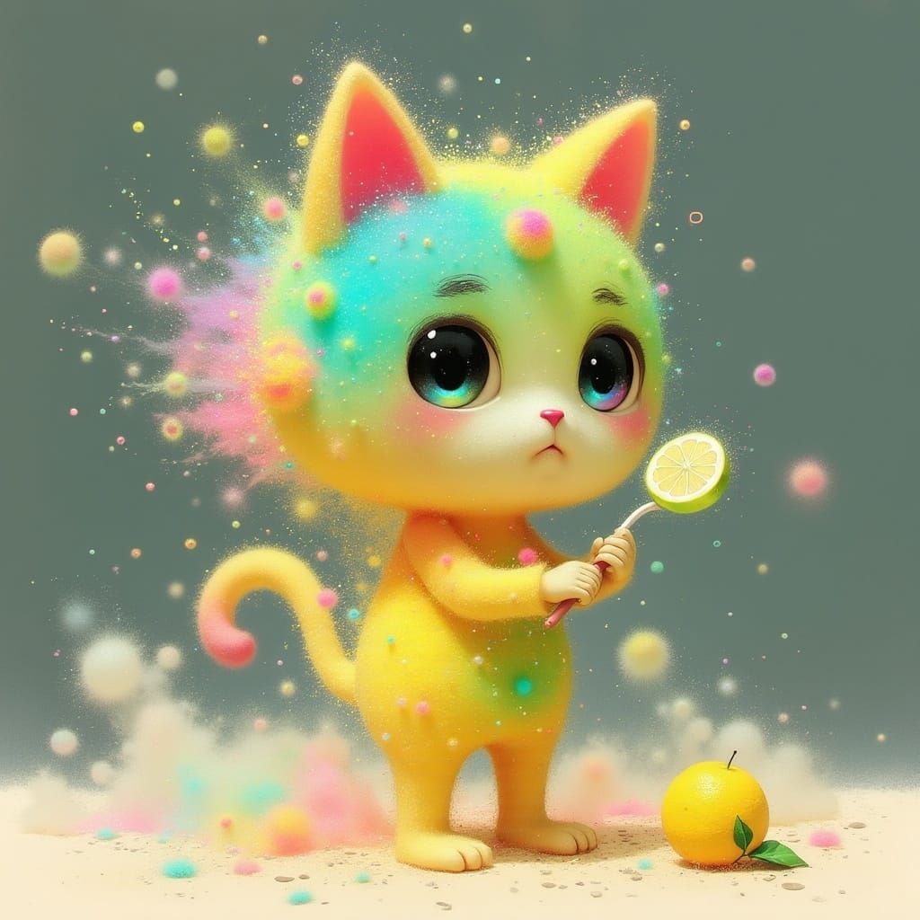 Vibrant Cat Sculpture in Whimsical Lemon Sherbet World