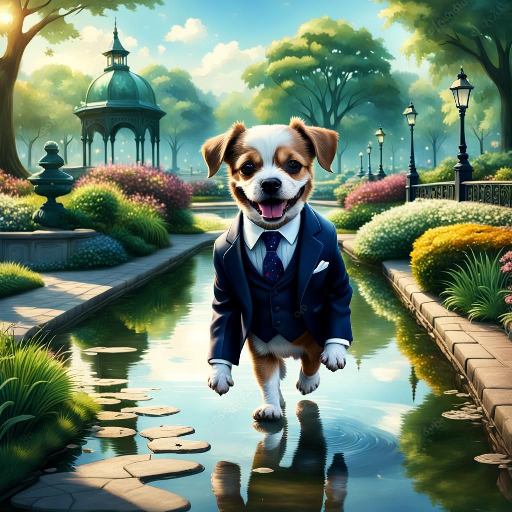 Cute Dog dressed in suit walking along the parks walkway nex...