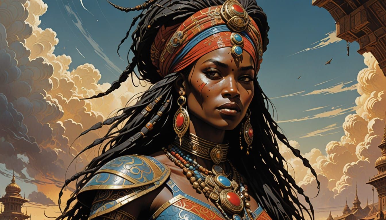 Regal African Goddess in Tribal Attire Against Turbulent Sky