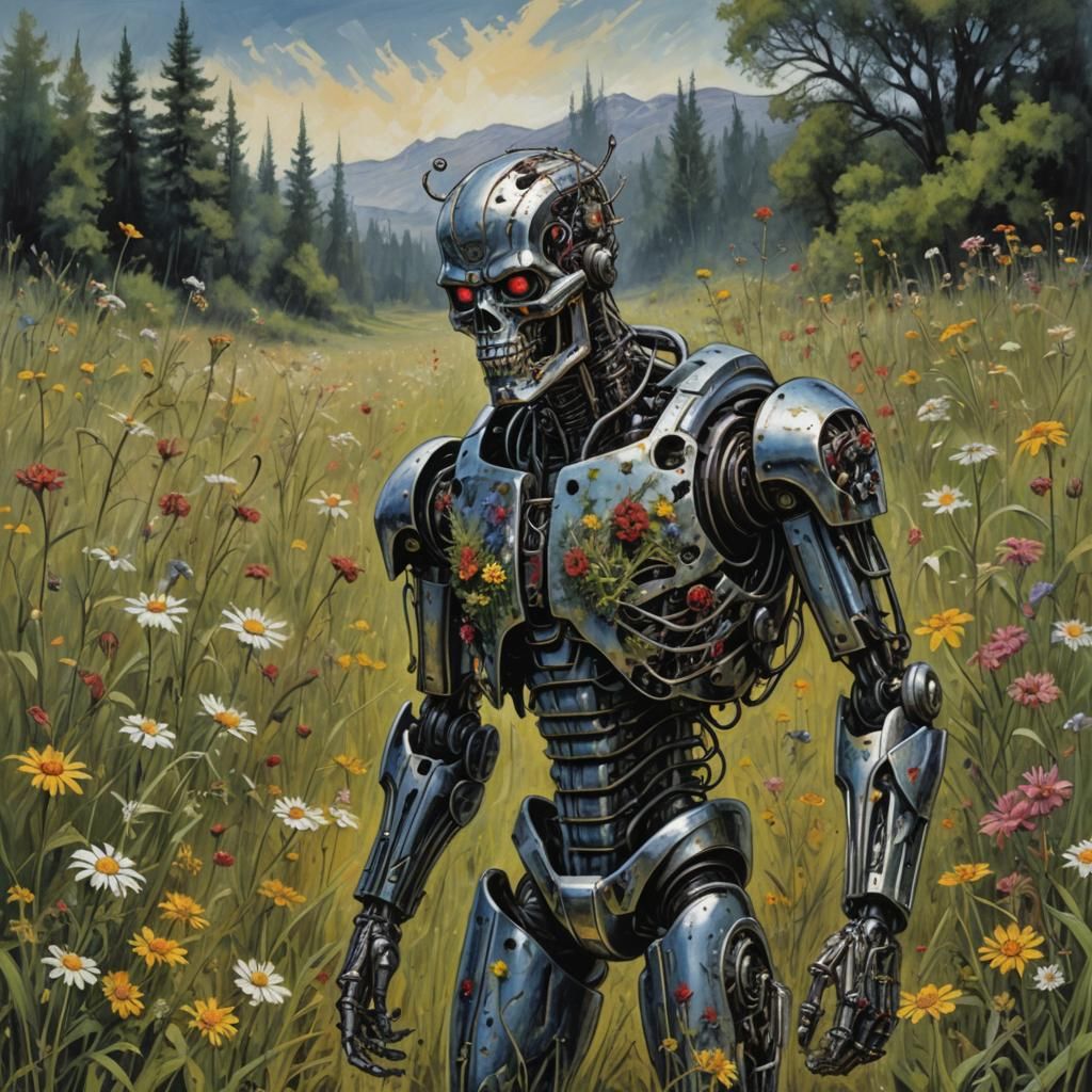 Dreamy Terminator Roams Whimsical Flower Meadow