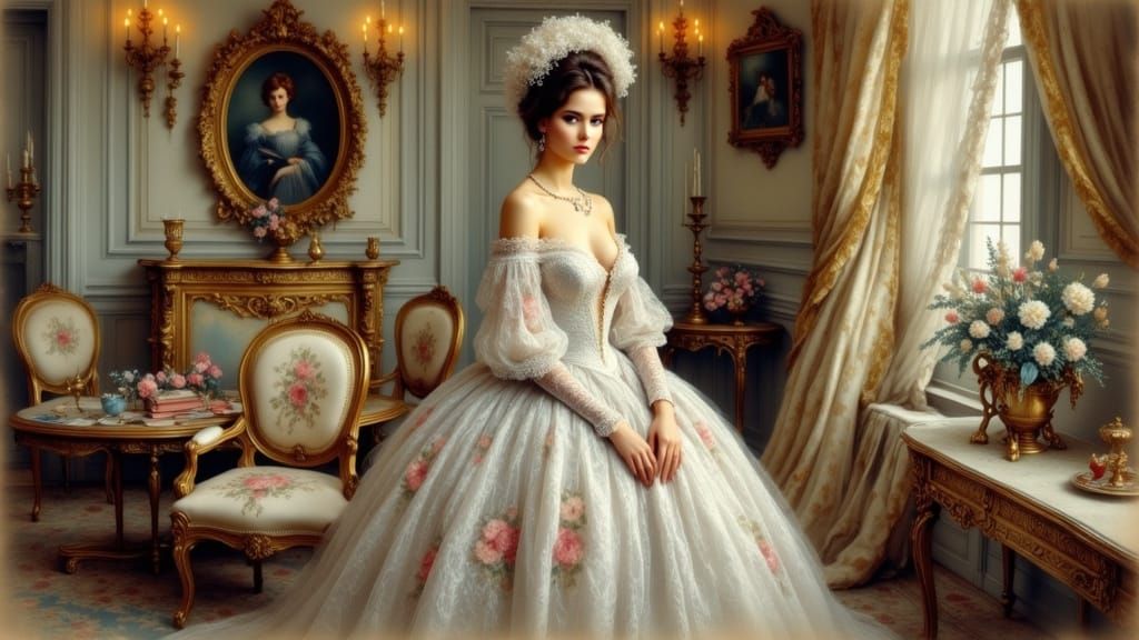 Elegant Parisian Woman in Late 19th-Century Interior, Impres...