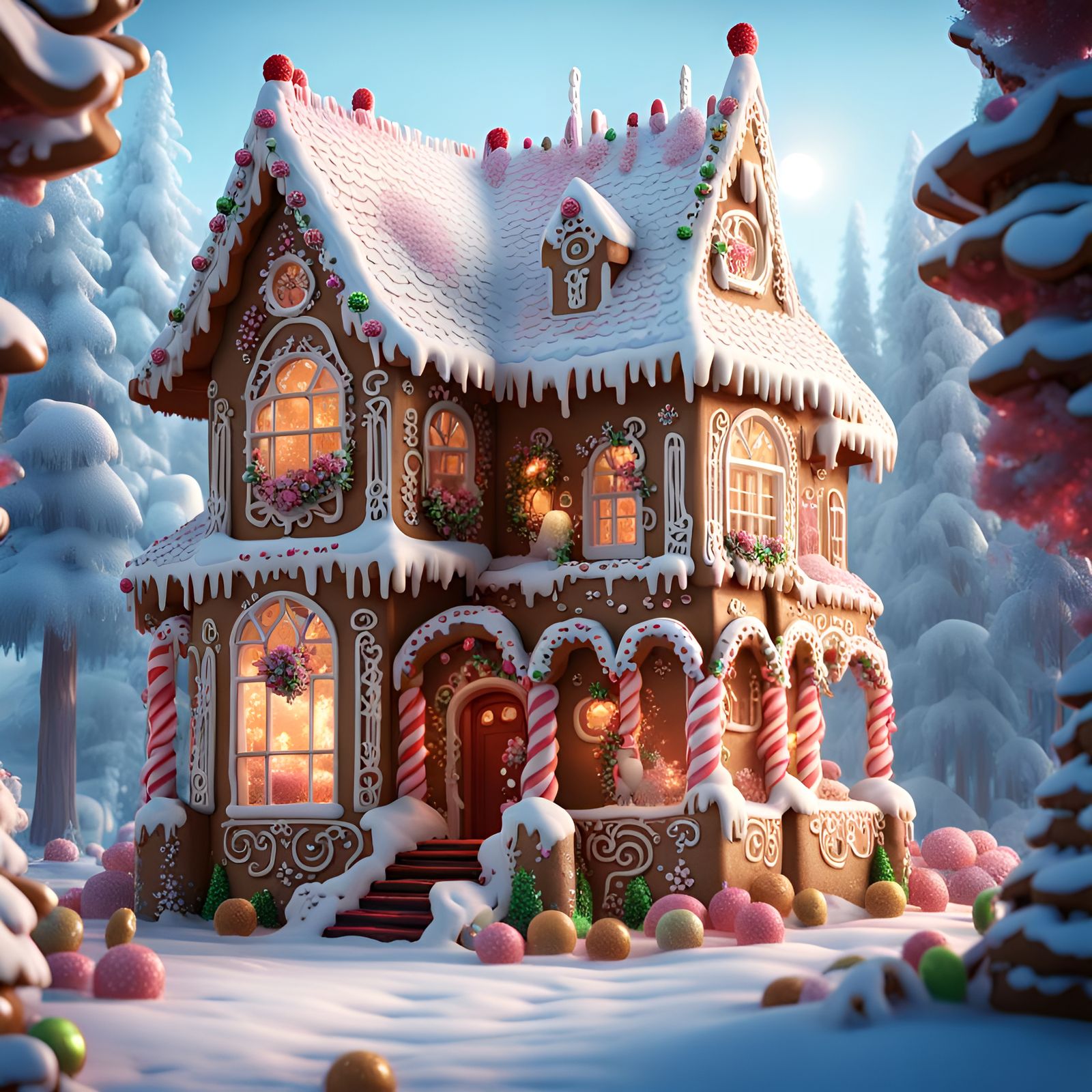Gingerbread Mansion in Candy Forest: Detailed Matte Painting