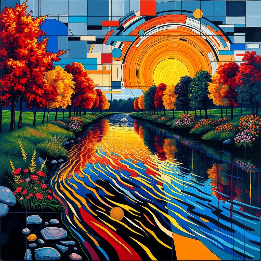 Abstract Riverbank with Autumn Trees and Flowers