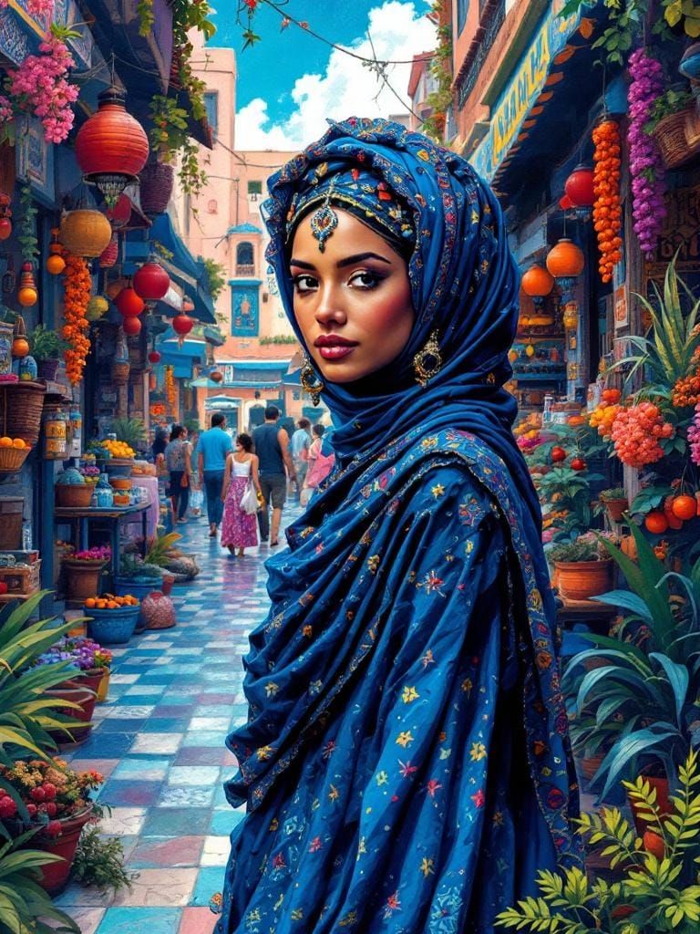 Moroccan Woman in Blue Hues: Digital Art