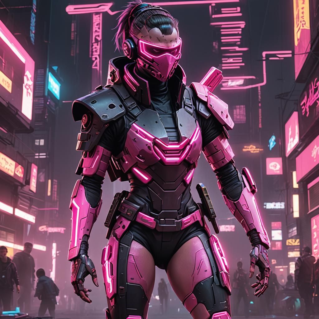 Pink Cyborg Ninja in Cyberpunk Neon City