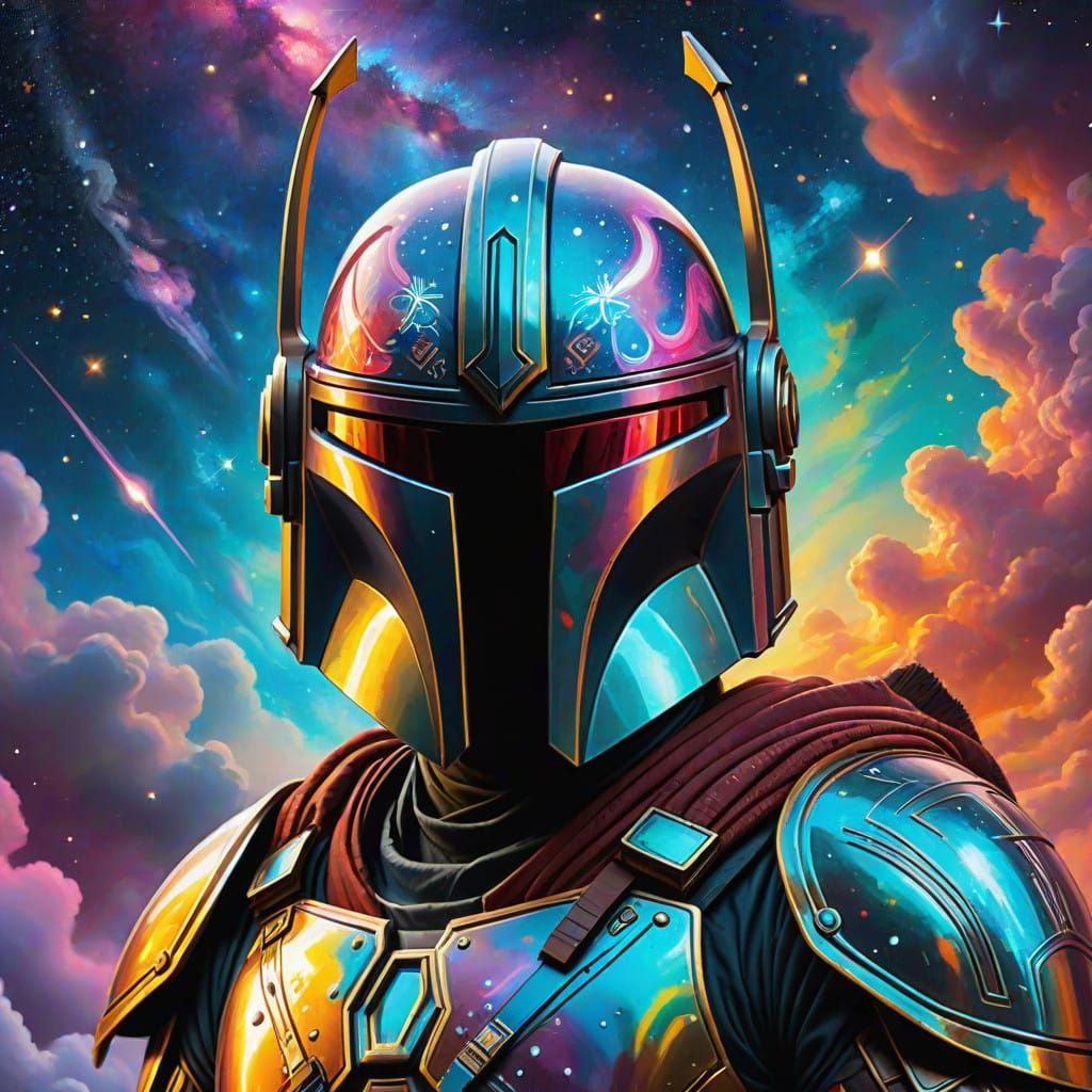 Mandorian Warrior in Vibrant Galaxy Portrait