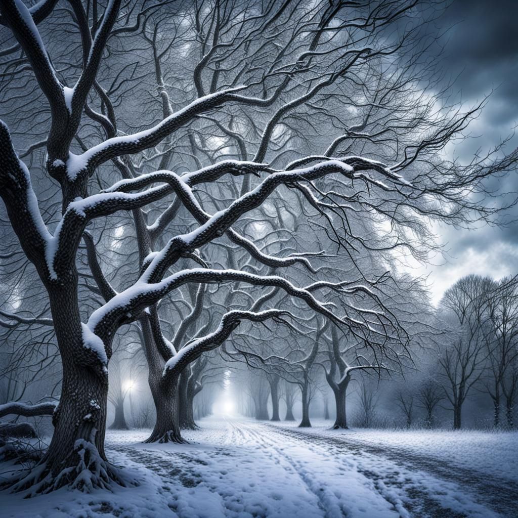 Winter Trees in Falling Snow: Hyperrealistic Image