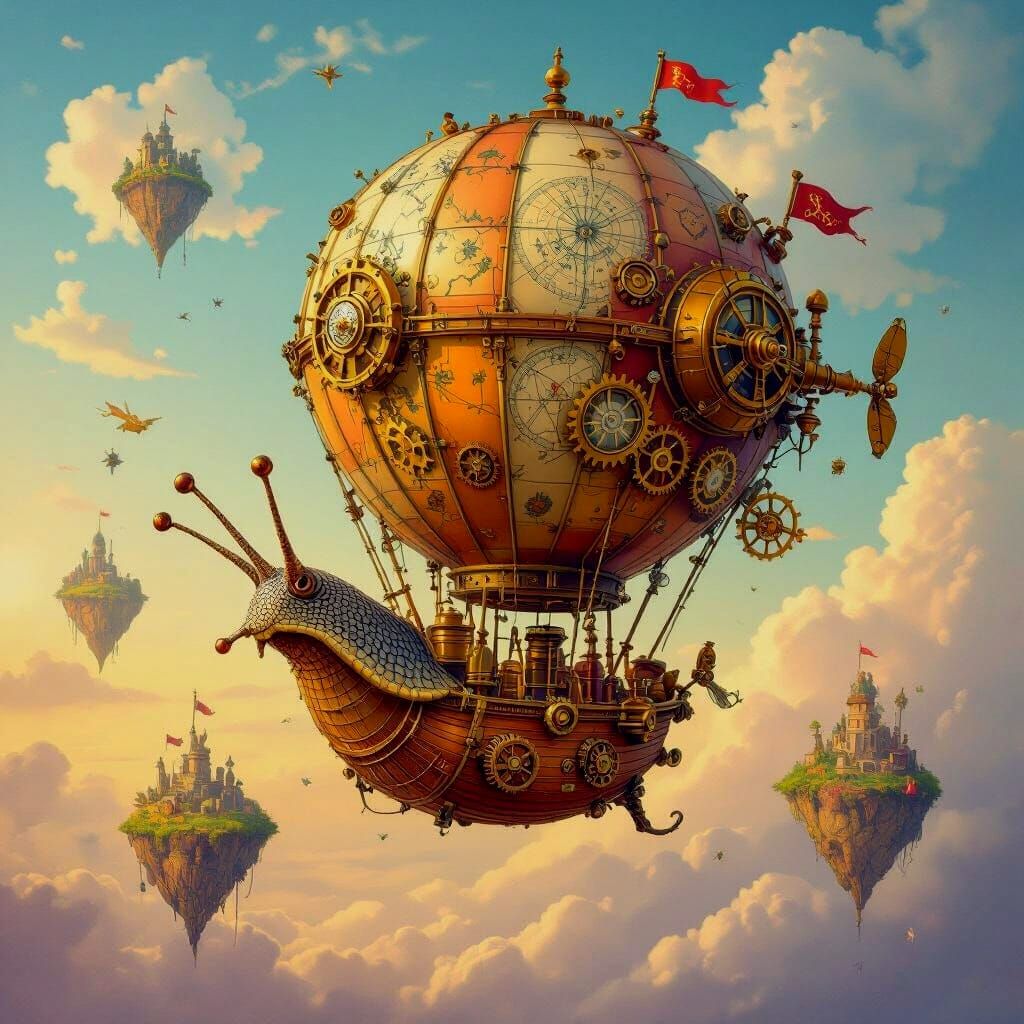 Steampunk Snail Airship Soaring Through Surreal Sky