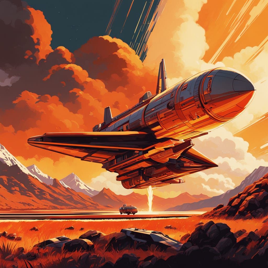 Retro-Futuristic Rocket Launch in Art Deco Style