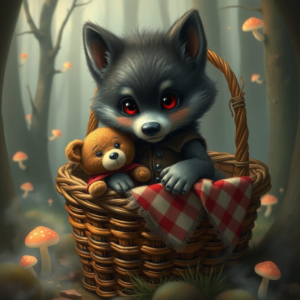 Werewolf Pup in Basket, Storybook Illustration