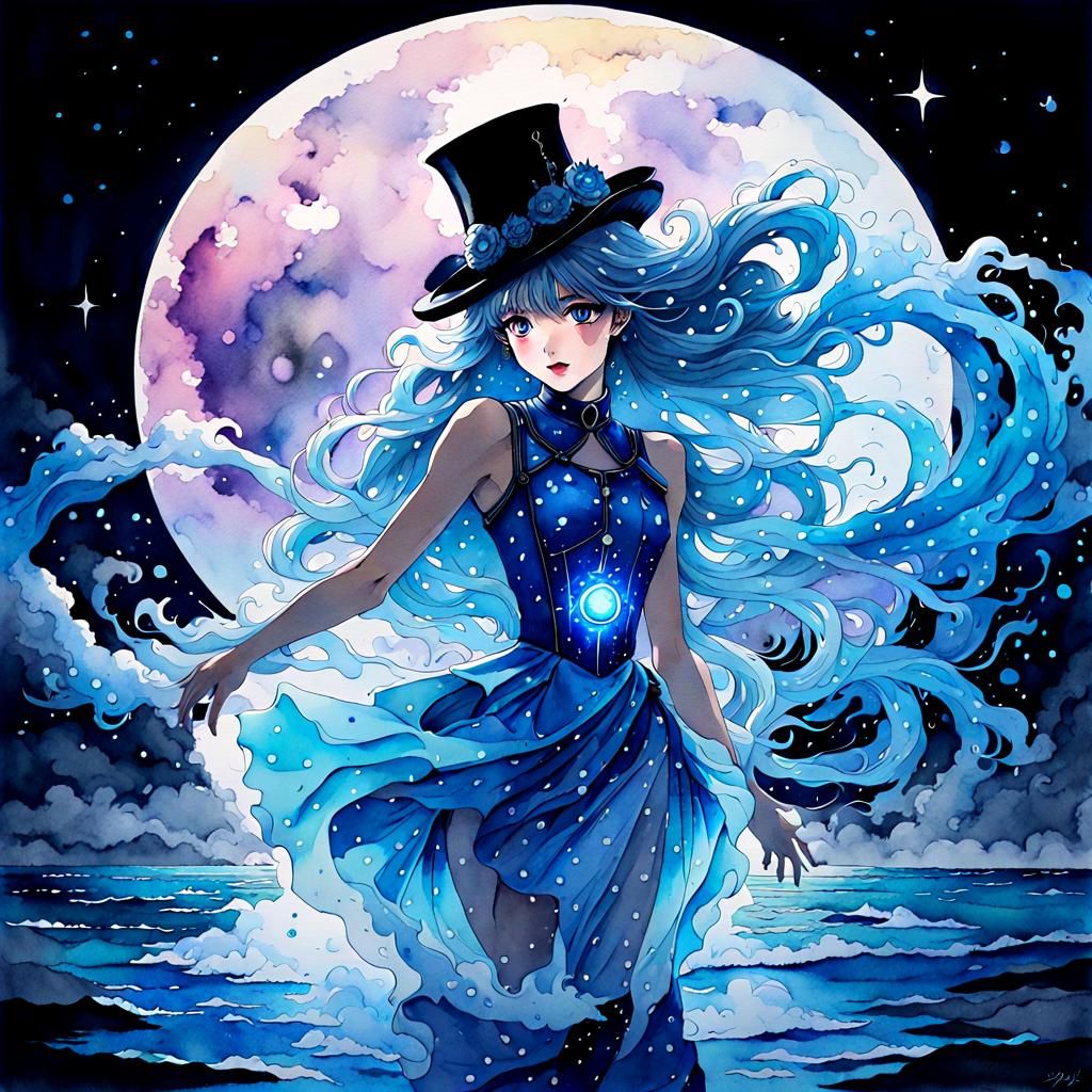 Magical Water Nymph in 80s Anime Watercolor Style