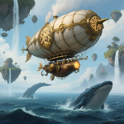 Steampunk Airship Among Floating Islands