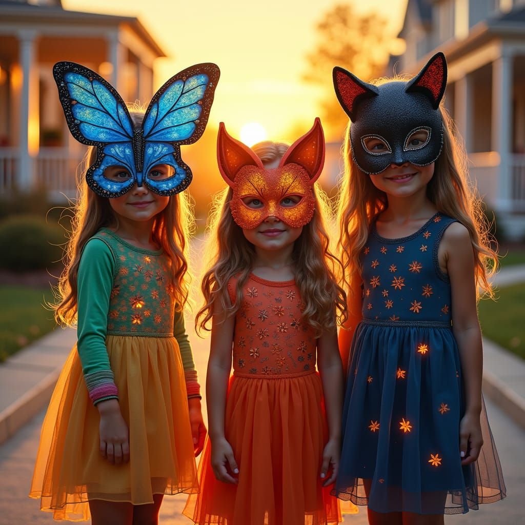 Girls in Halloween Masks with Autumnal Costumes