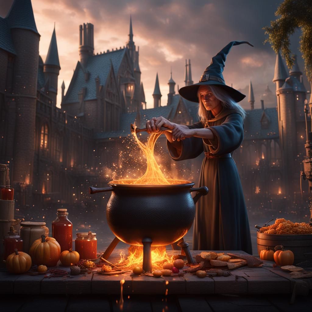 Hogwarts Student Brews Potion in Detailed Digital Art