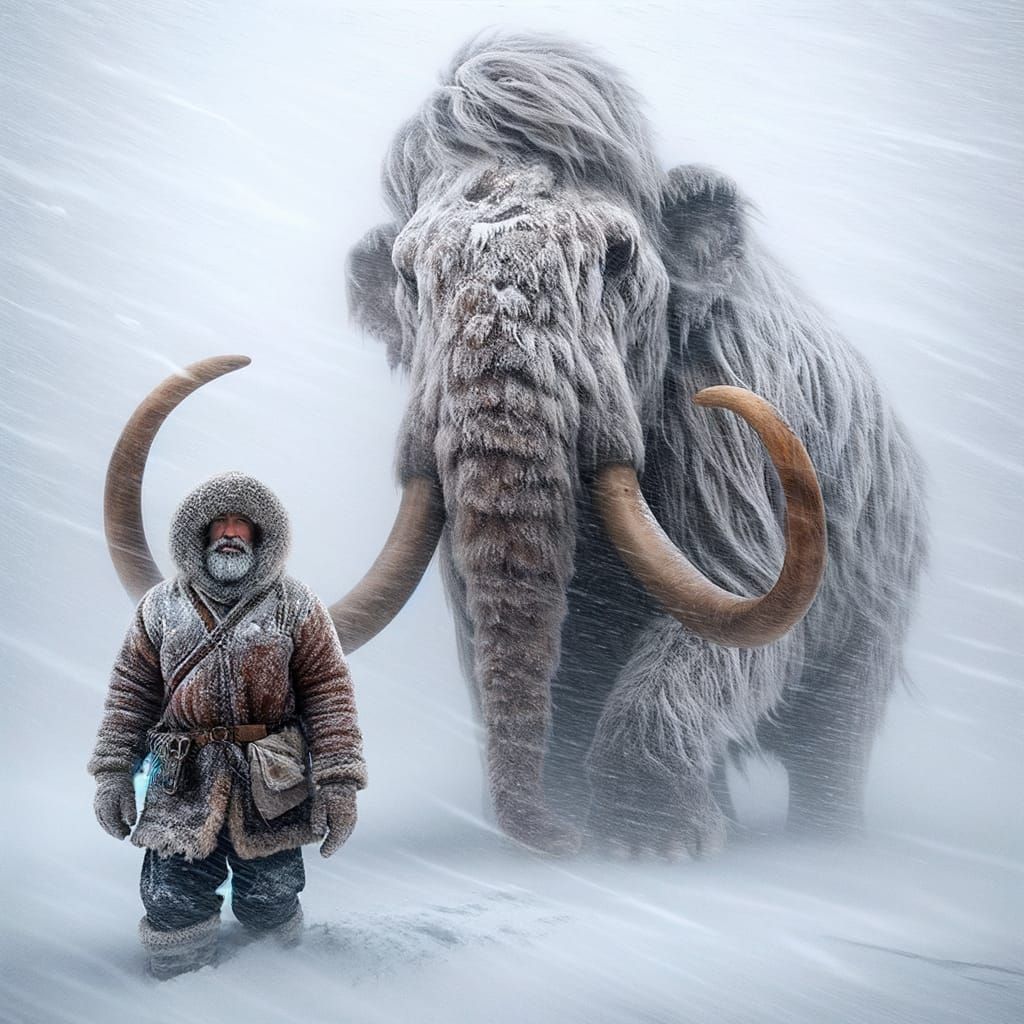 Man Meets Mammoth in a Winter Blizzard