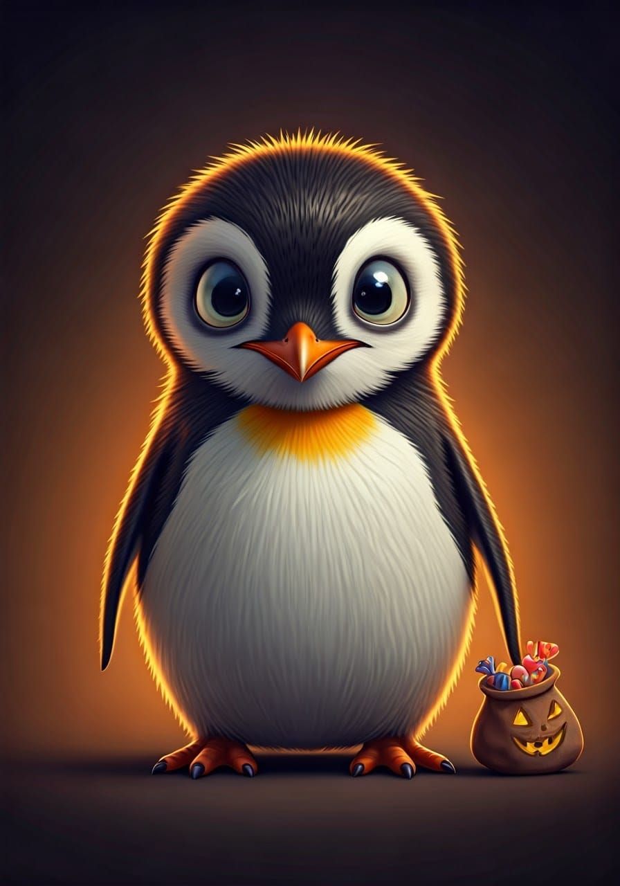 Halloween Penguin Caricature with Volumetric Lighting