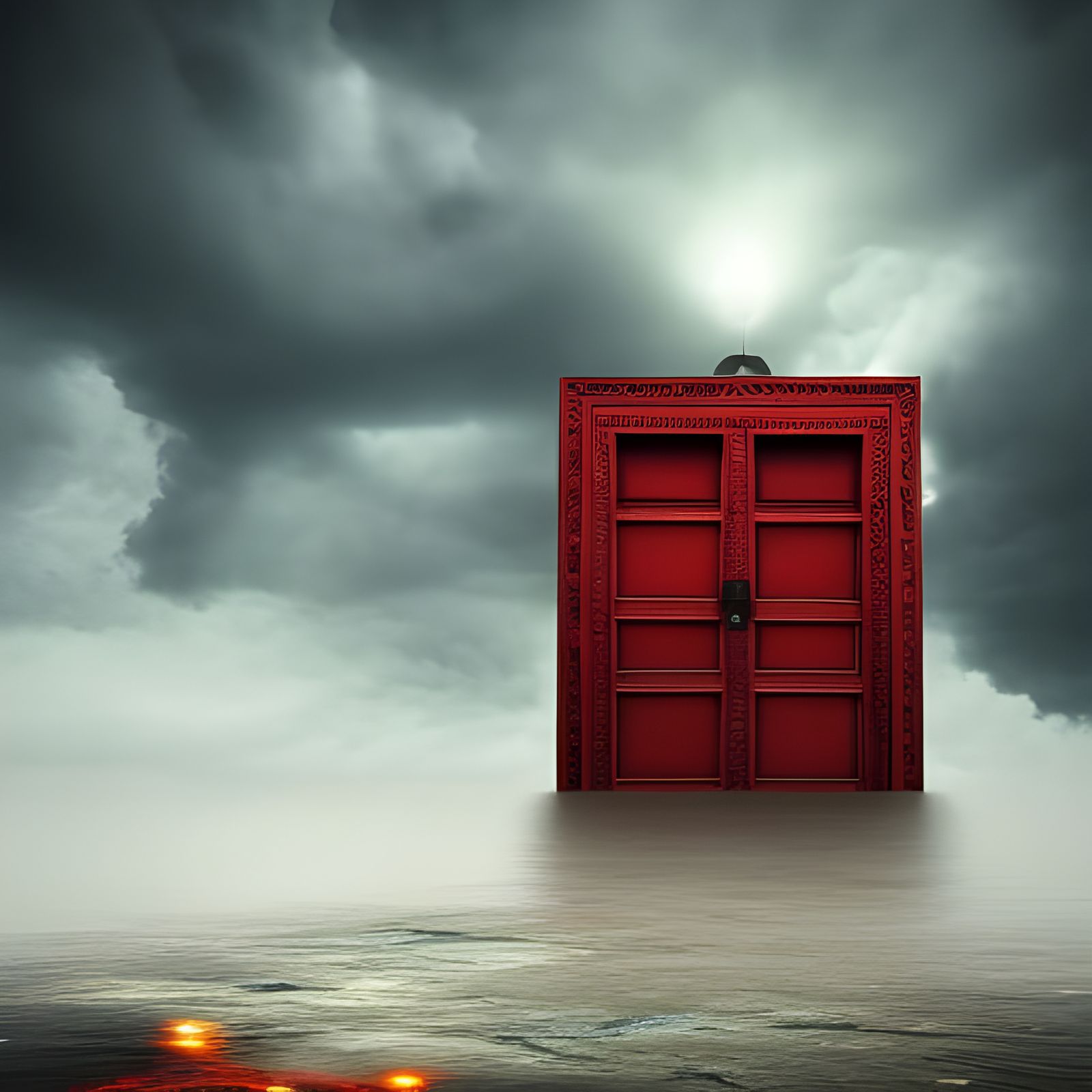 Glowing Red Door in Cloudy Sky: Hyperdetailed Digital Painti...