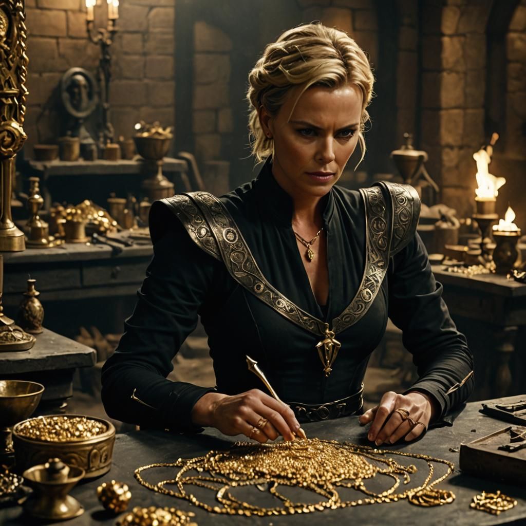 Charlize Theron as Medieval Goldsmith in Hyperrealism