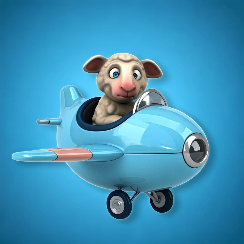 Nervous Lamb Flying in Cartoon Airplane