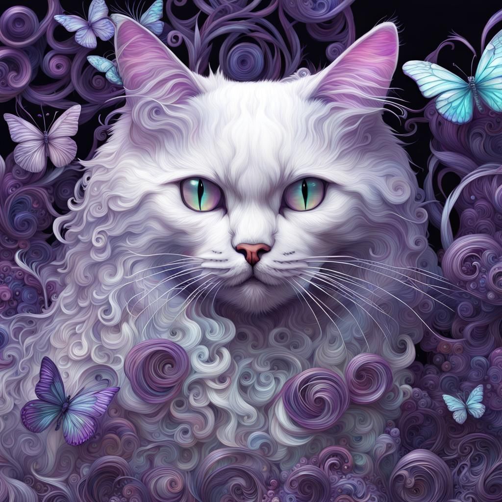 Iridescent Glass Cat with Butterfly, Holographic Artwork