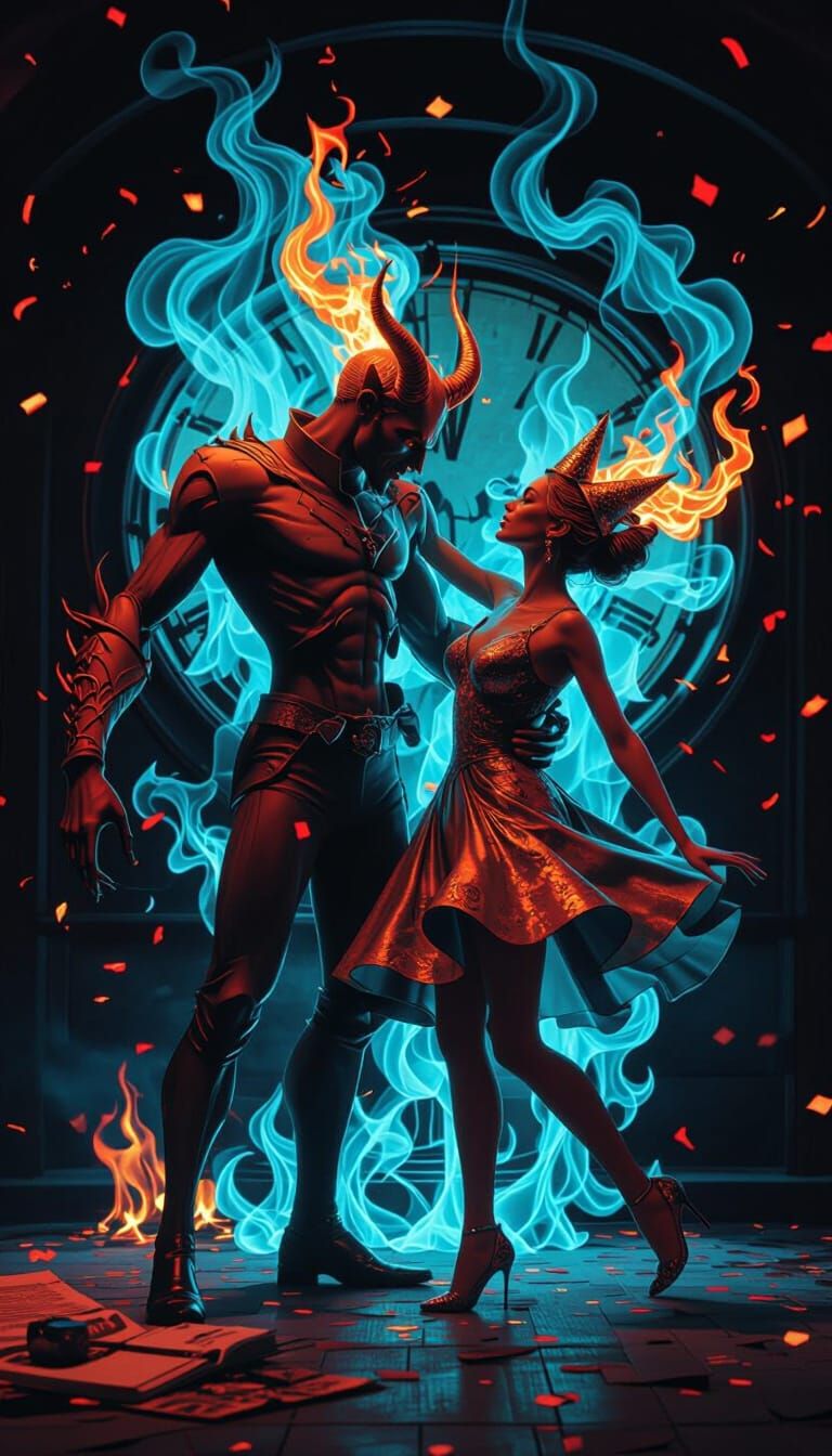 Haunted New Year's Ball with Dancing Lovers in Flames