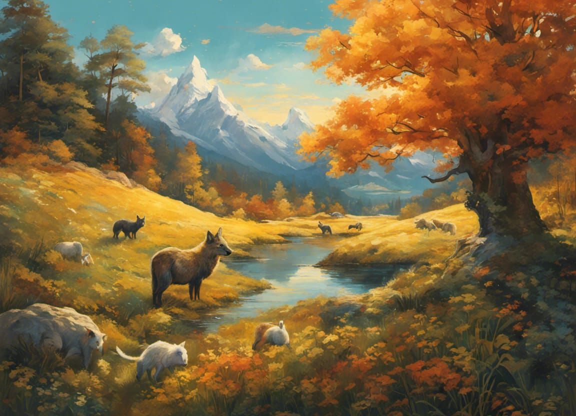 Fox and Bunny Snowball Fight in Pointillism Style