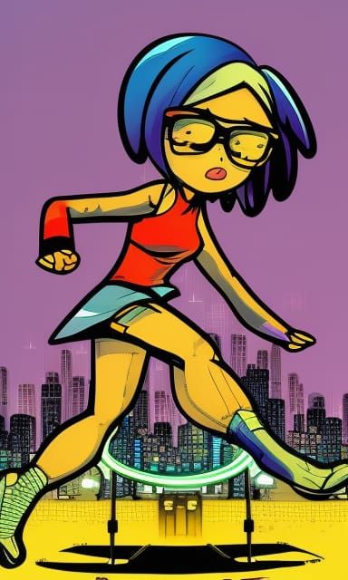 Comic Style Woman in Neon Cityscape