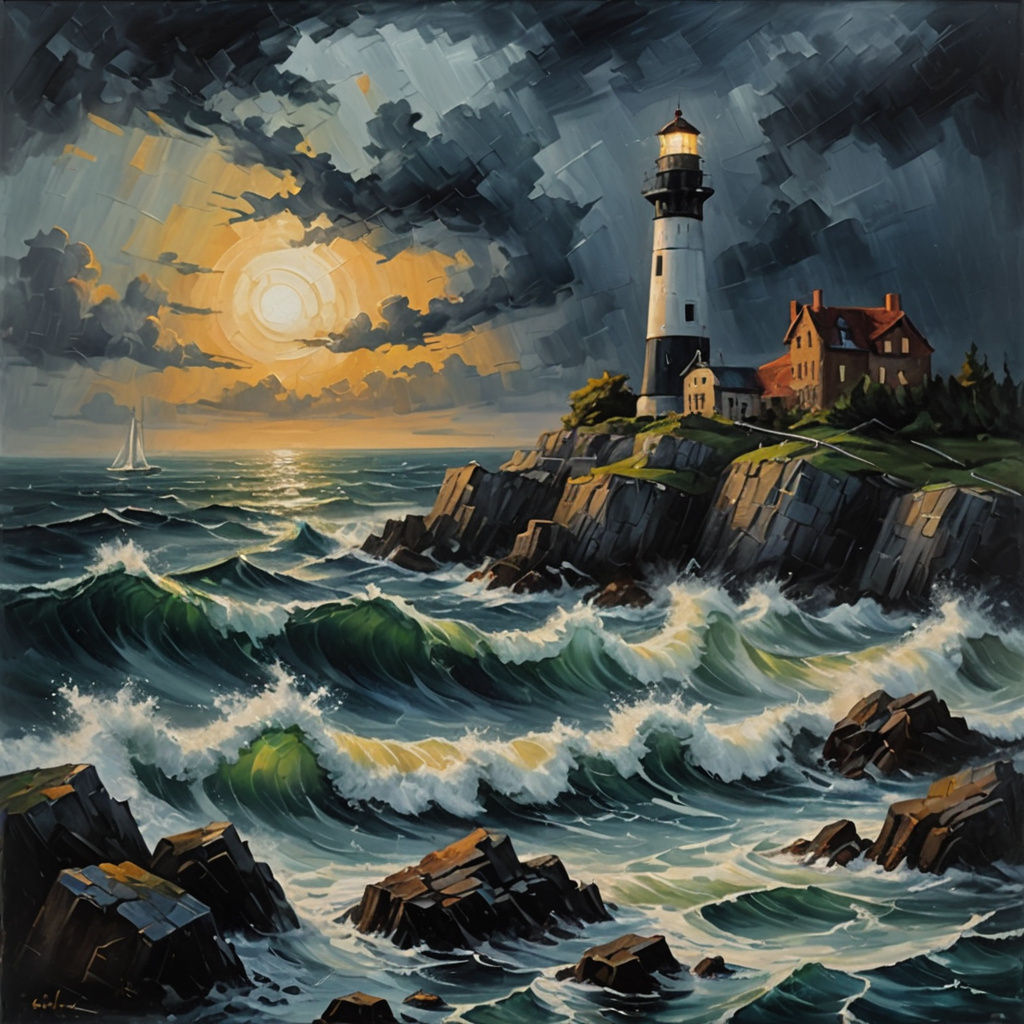 Impasto Oil Painting of Turbulent Stormy Sea with Lighthouse