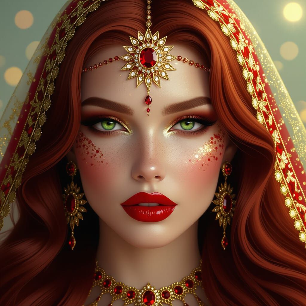 Ethereal Woman with Sunburst Jewel, Fantasy Aesthetic