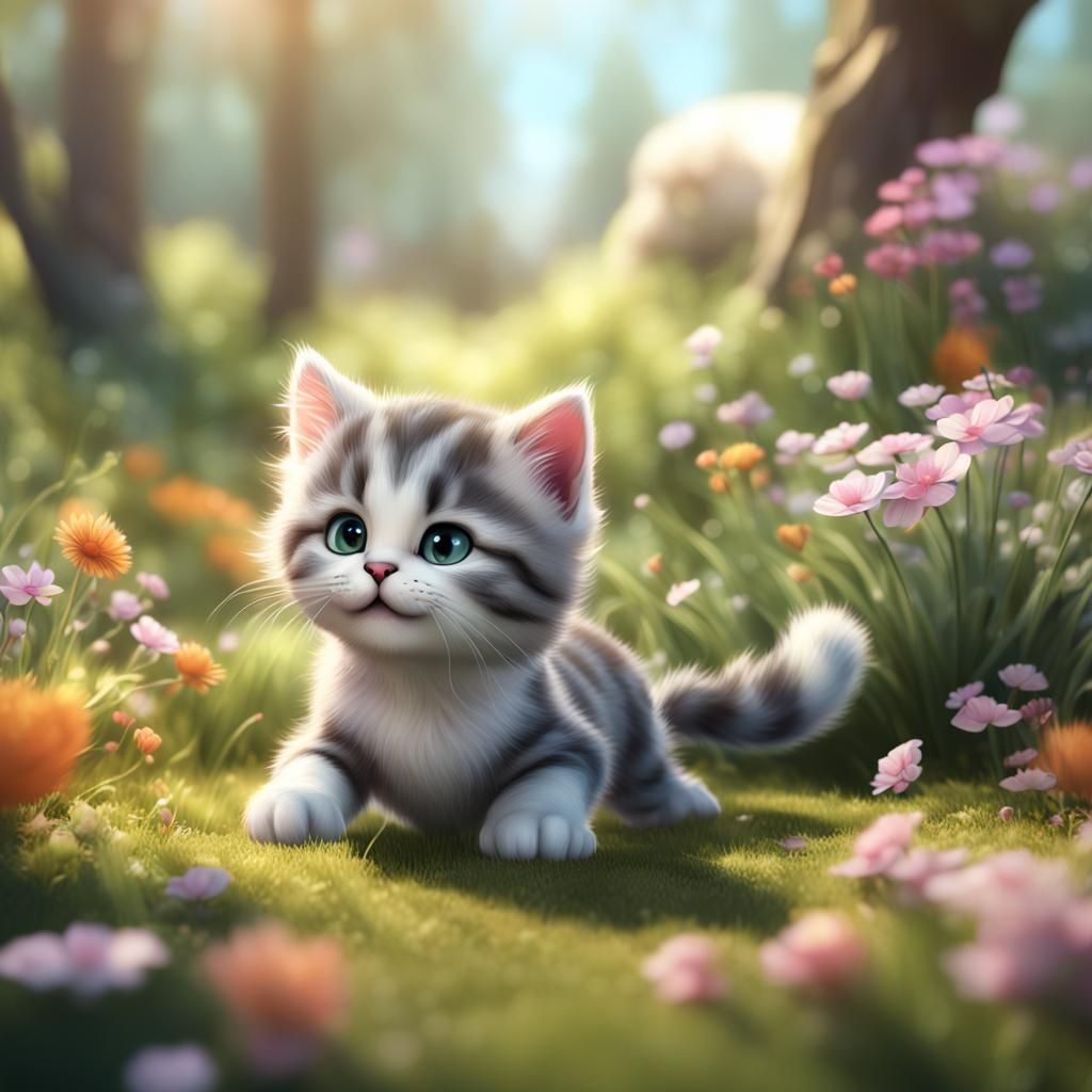 Kittens Playing in Forest: Whimsical 3D Illustration