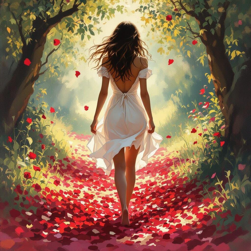Woman in White Dress Walks Through Rose Petals