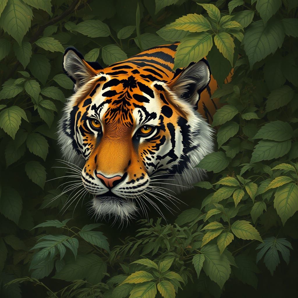 Camouflaged Tiger in Dense Foliage