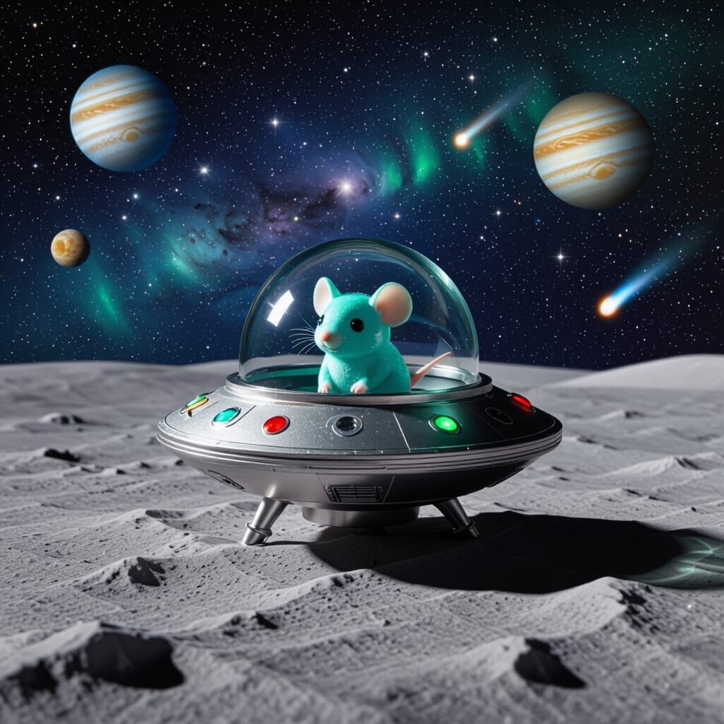 Alien Spaceship with Aqua Mouse on Moon