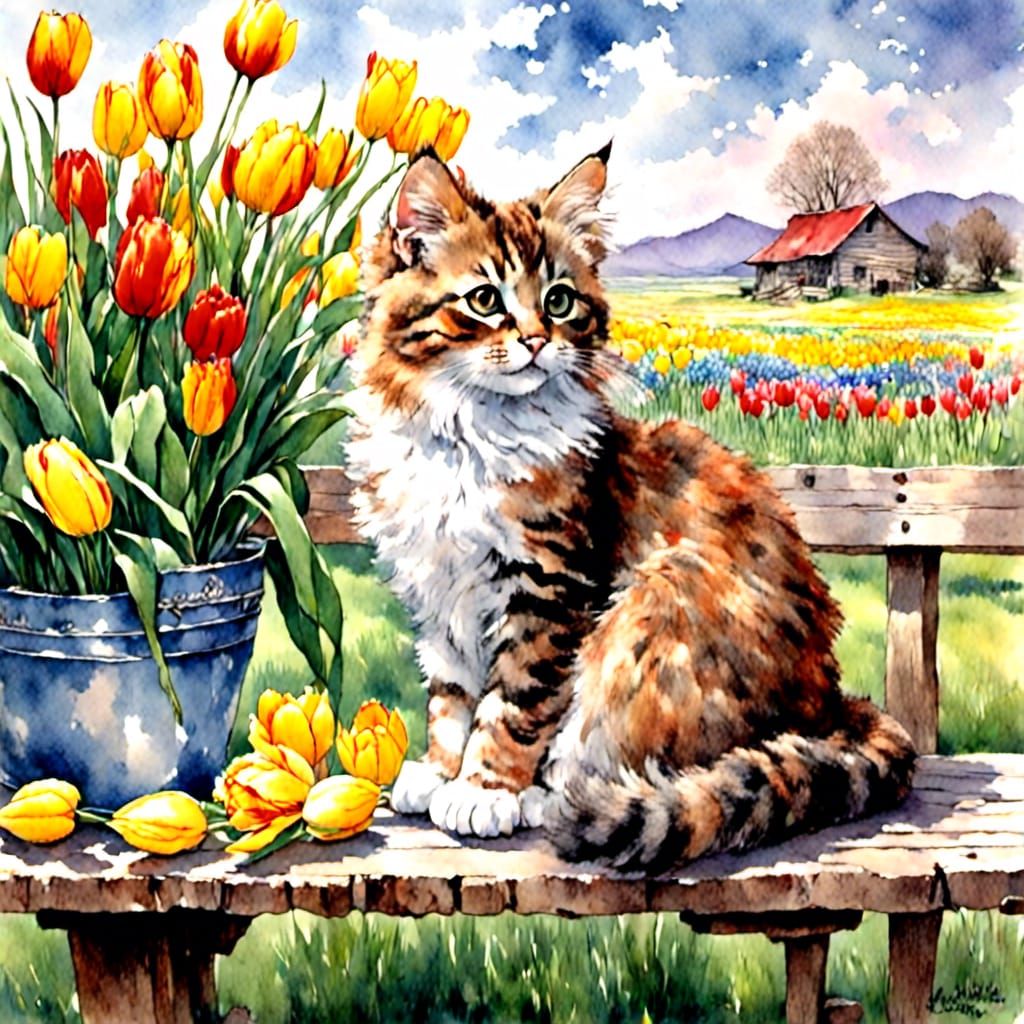 Watercolor Kitten with Flowers and Butterfly