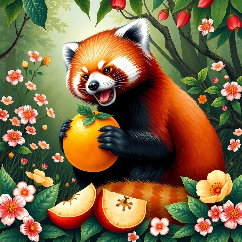 Vibrant Red Panda in Whimsical Forest