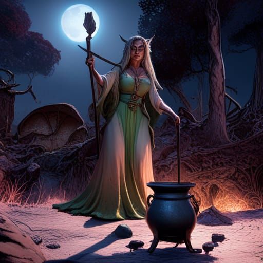 Witch in the Woods Under Full Moon, Dark Fantasy Art